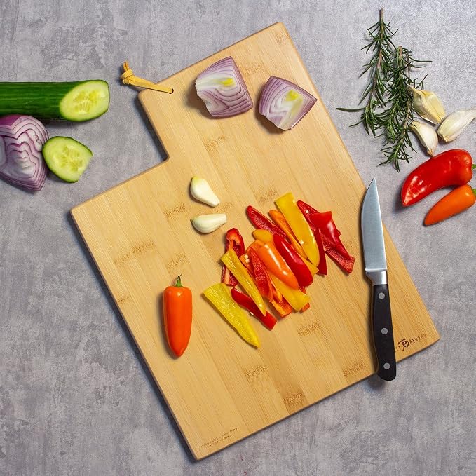 Totally Bamboo Utah State Shaped Cutting Board, Summer Stokes Art | State charcuterie board with colorful hand-drawn landscape art. Smooth reverse side for food prep. Hang tie for wall display.