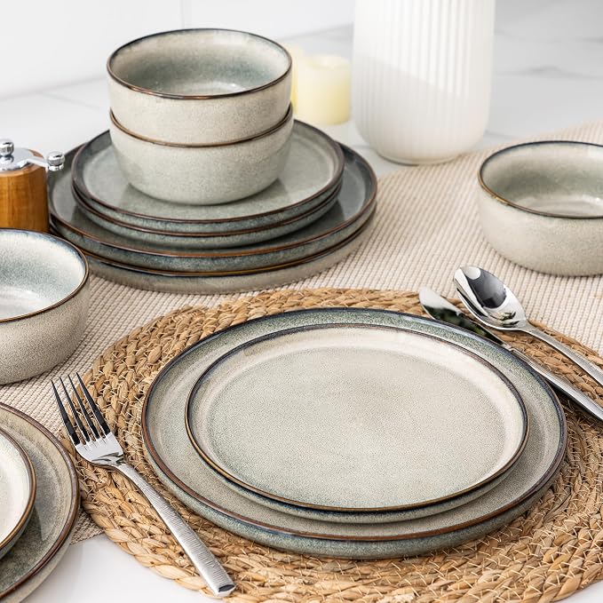 GBHOME Dinnerware Sets for 4, 12 Pieces Ceramic Plates and Bowls Set | Scratch Resistant Stoneware Dishes Set, Dishwasher & Microwave Safe, Reactive Glaze-Green Wheat
