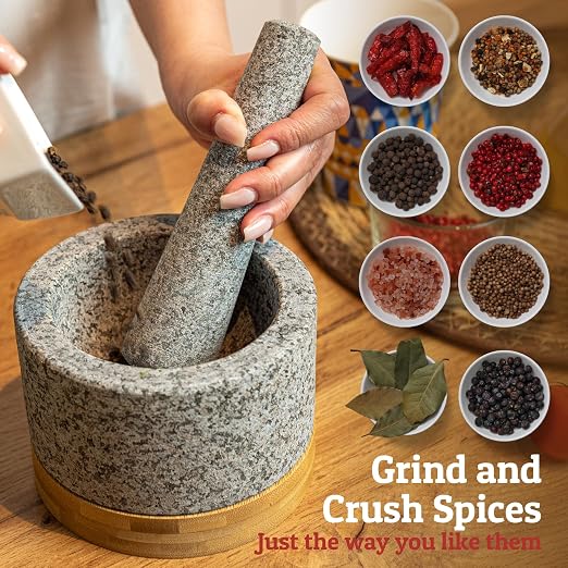 PriorityChef Heavy Duty Mortar and Pestle Set with Bamboo Base, 100% Natural Granite Stone Grinder, Guacamole Bowl and Masher, 2 Cups, Grey