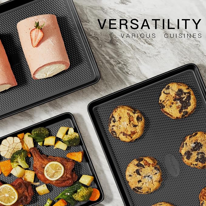 2 Pack Jelly Roll Pan Set 15x10, Cookie Sheets for Baking with Diamond Texture, Baking Sheets Non Stick, Non Toxic Oven Trays for Cooking, Heavy Duty 57% Thicker Carbon Steel, Dark Gray