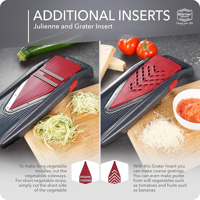 Börner Mandoline Slicer Vital (Profi Set) • Vegetable Slicer with Stainless Steel V-Blade & Dressing Function • 12 Cutting Styles • For Slices, Zoodles, Strips, & Dices in Various Thicknesses