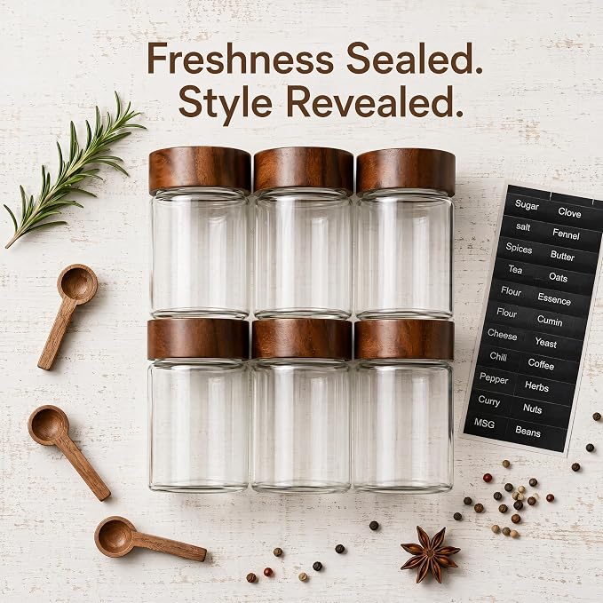 6‑Pack Small 4 Fl Oz (118 ml) Glass Jars w/Wood Lids & Spoons | Built‑in PP insert & silicone seal; airtight for oats, yogurt, spices, chia pudding & pantry