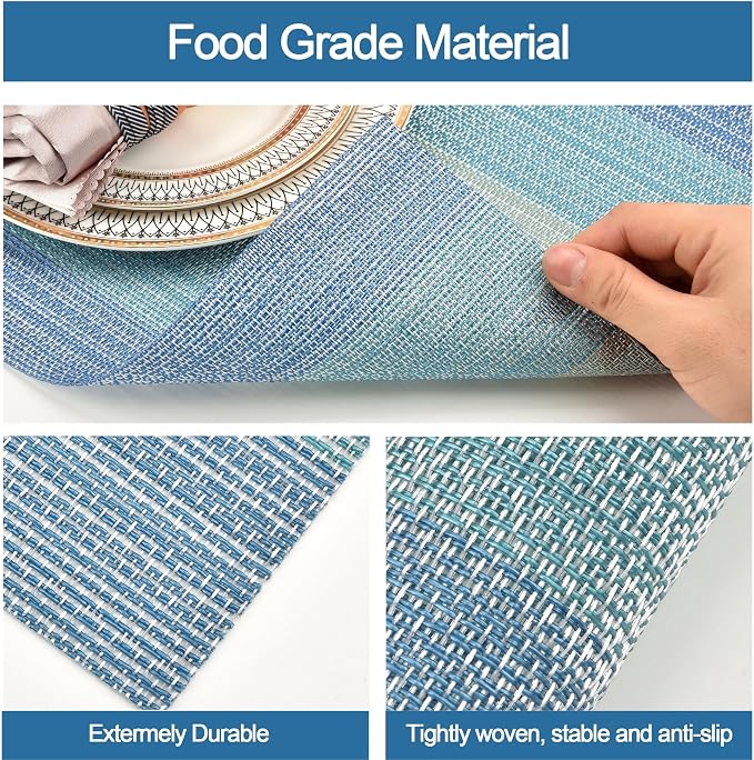 SLKQG Placemats Set of 8 - Easy Clean Washable Vinyl Placemats - Wipeable Heat Resistant Table Mats for Dining Table - 17.7x11.8 Inch (8, Blue Gradient)