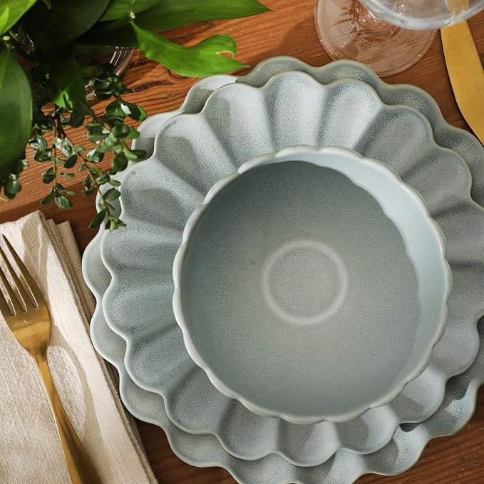 Gibson Elite Bistro Fleur Plates and Bowls Sets, 12-Piece Stoneware Dinnerware Set for 4, Sage Blue Scalloped Dish Set with Dinner Plates, Salad Plates & Bowls