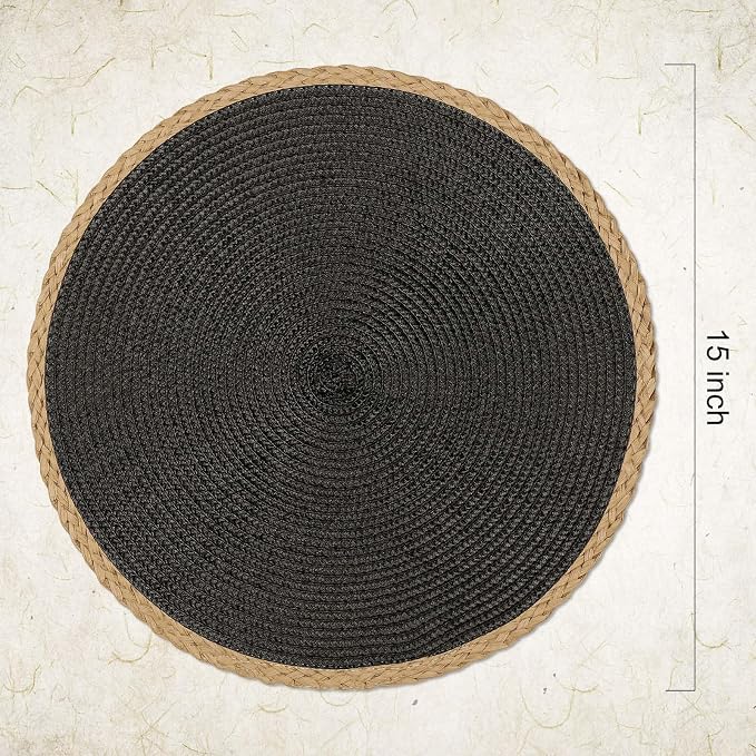 Round Placemats Set of 6, Woven Table Mats, Thin Edge, Black | Braided Paper Edge, 15 Inch Diameter, Fits Dinner Plate and Flatware, Wipeable, Heat Resistant, Indoor Dining, Outdoor Patio
