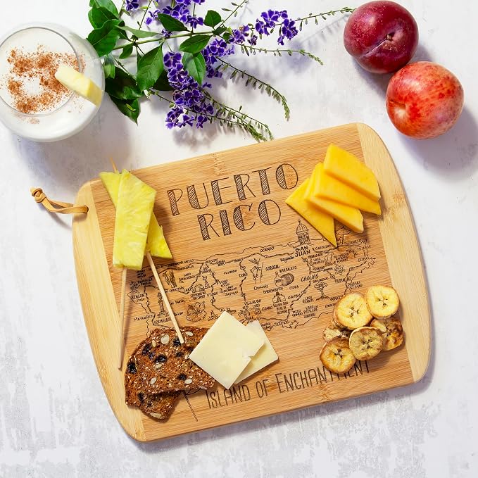 Totally Bamboo A Slice of Life Puerto Rico Engraved Map Cutting Board | 11" x 8.75" charcuterie board with engraved Puerto Rico map. Smooth reverse side for food prep. Hang tie for wall display.
