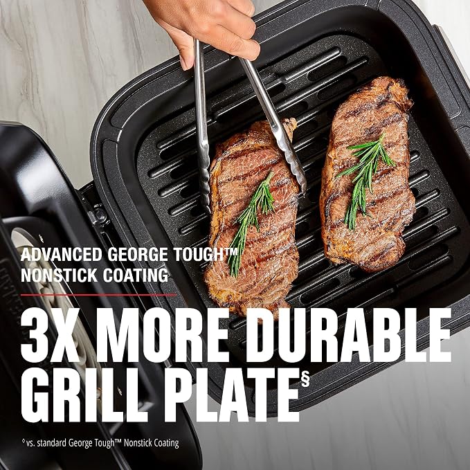 George Foreman Beyond Grill™ 7-in-1 Electric Indoor Grill with Air Fry Technology, MCAFD800D, Black, Large | 7-in-1 grill with air fry, roast and bake functions, 500°F searing and no-defrost cooking.