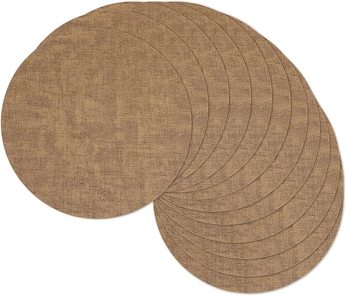 13" Round Placemats Set of 12, Reversible Faux Leather Wipeable Table Mats | 2mm Vinyl Heat Resistant Waterproof Oilproof Scratch Proof Non-Slip, Washable for Kitchen Dining Indoor Outdoor (Light Brown)