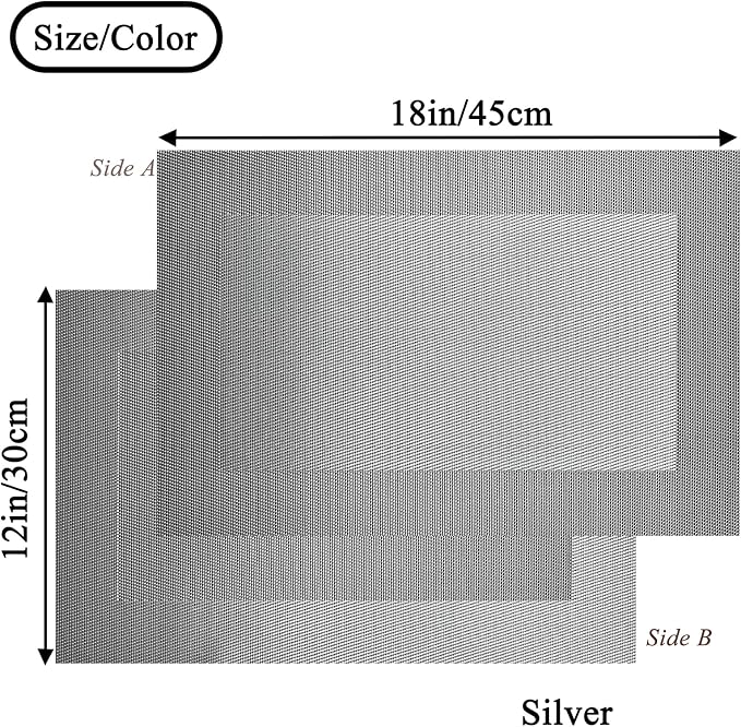 Vinyl Placemats Heat-Resistant Table Mats Washable Easy Clean Plastic Placemat for Kitchen Dining Table Set of 8 Indoor Outdoor (Dark Silver)