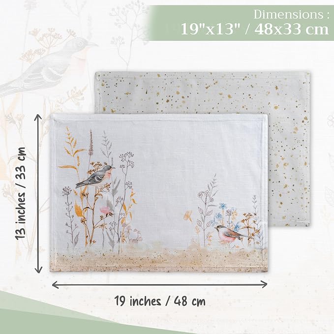Maison d' Hermine Placemats Set of 4 Reusable 100% Cotton (13"x19") | Cloth Place Mats Washable Table Mats for Kitchen Dining Party Home Restaurant Spring Summer - Meadow Florals - Beige