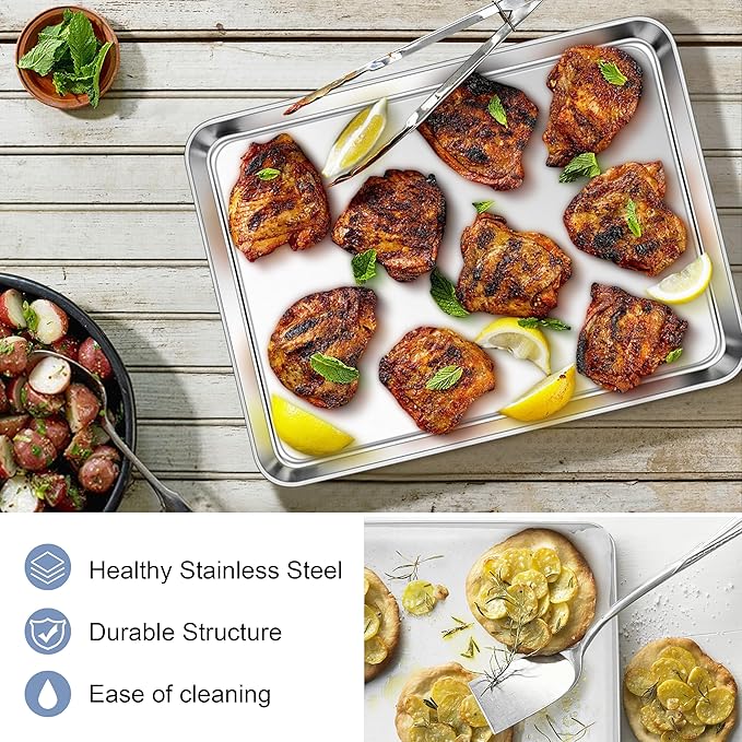 E-far Stainless Steel Baking Sheet Set, 12.4” x9.7” x 1” Cookie Sheet | Non-toxic Metal Toaster Oven Tray for Oven Baking Cake Cookie, Healthy & Rust Free, Mirror Finish & Dishwasher Safe