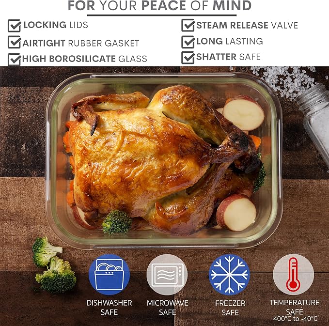 Razab 10 Cups/ 80 Oz 4 Pc (Set of 2) Glass Food Storage Containers with Airtight Locking Lids-For Storing & Serving Food. BPA Free & Leak Proof - Microwave, Dishwasher, Fridge, Freezer and Oven Safe