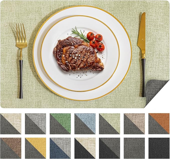 Romanstile Vinyl Placemats Set of 4, Reversible Faux Leather Heat Resistant Wipeable Table Mats, Waterproof Washable Non-Slip Table Placemats for Dining/Kitchen/Party/Outdoor (Grey Green, 12" x 17")