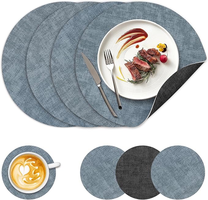 NCUE 13" Faux Leather Round Placemats Set of 4, Reversible Dual-Color | With 3.9" Coasters, 2 mm Vinyl Table Mats, Waterproof Wipeable Heat Resistant, Non-Slip Texture, for Dinner Party Home Decor