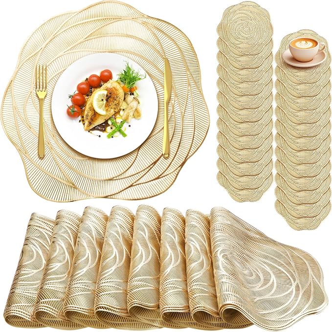 Sieral Round Hollow Rose Vinyl 15'' Placemat & 4'' Coaster,Gold,24 Set