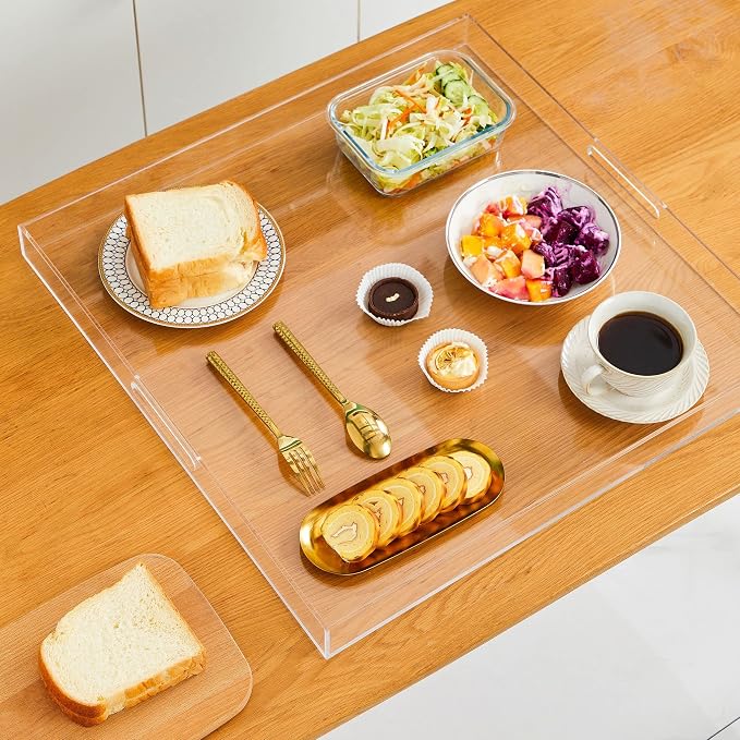 Oversize Extra Large King Size Bed Tray for Eating Big Clear Acrylic Serving Tray with Handles 24x24 Inch -Spill Proof- Decorative Countertop Organizer for Ottoman,Bed,Party, Butler Tray