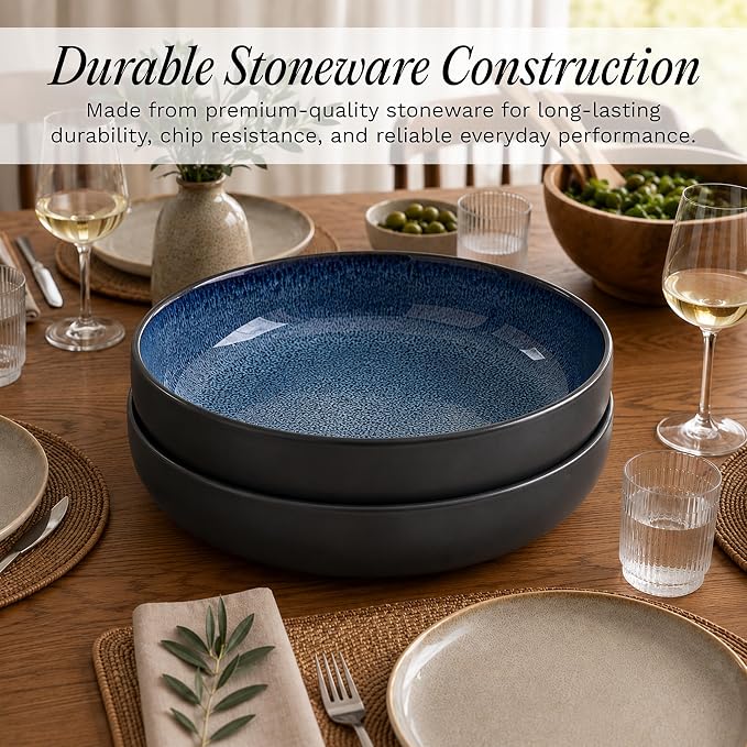 Sango Resona Blue & Black Large Serving Bowl (Set of 2), 64.25 oz, 10" Stoneware Bowls for Pasta, Salad & Dinner, Ceramic Bowls for Entertaining with Glossy Reactive Glaze, Dishwasher & Microwave Safe