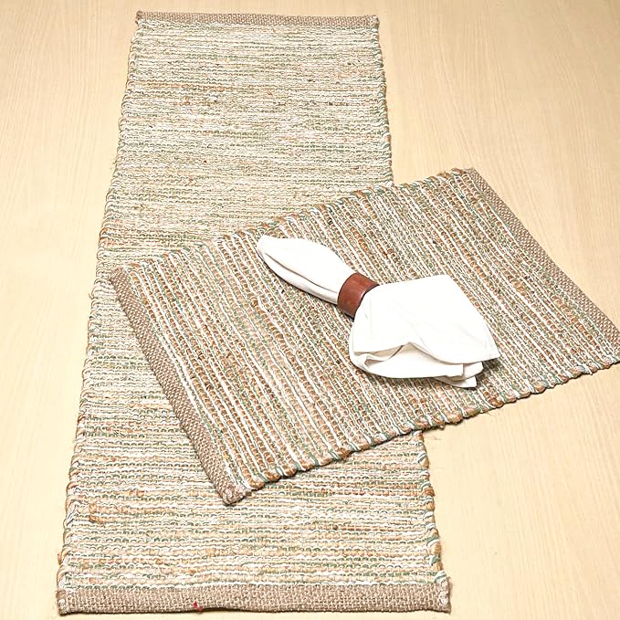 Natural Jute Table Runner, 13x36 Inch, Sage Green-White | Vintage Boho Rustic Table Decor, Handwoven, Farmhouse Dining or Console Accent