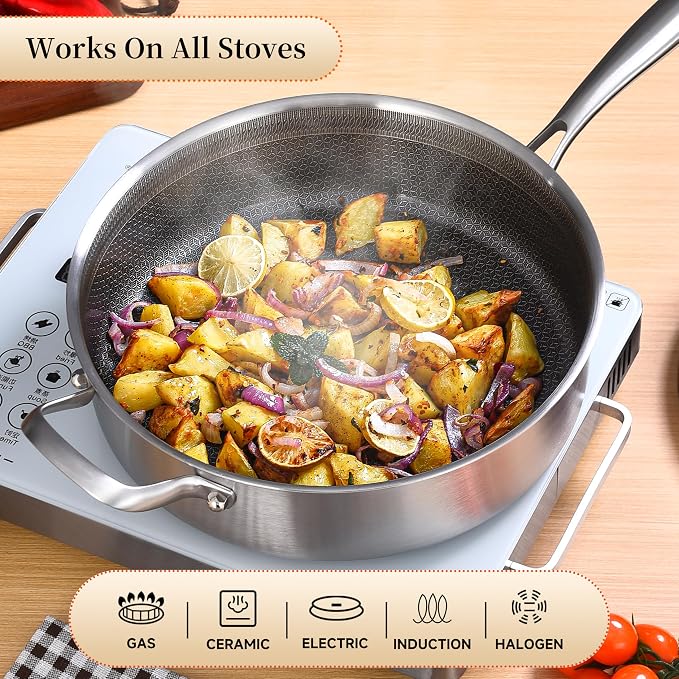 LOLYKITCH 7-Quart Large Frying Pan with Lid | 12 Inch | Detachable Handle | Ceramic Nonstick | Tri-Ply Stainless Steel | Deep Skillet | Saute Pan | PFOA Free | Induction | Dishwasher & Oven Safe