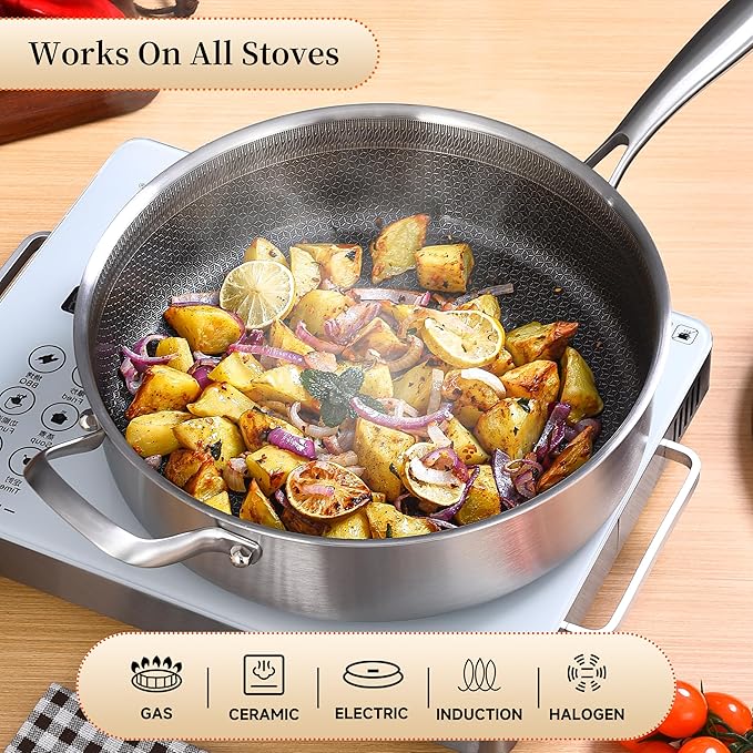 LOLYKITCH 6-Quart Large Frying Pan with Lid | 12 Inch | Detachable Handle | Ceramic Nonstick | Tri-Ply Stainless Steel | Deep Skillet | Saute Pan | PFOA Free | Induction | Dishwasher & Oven Safe
