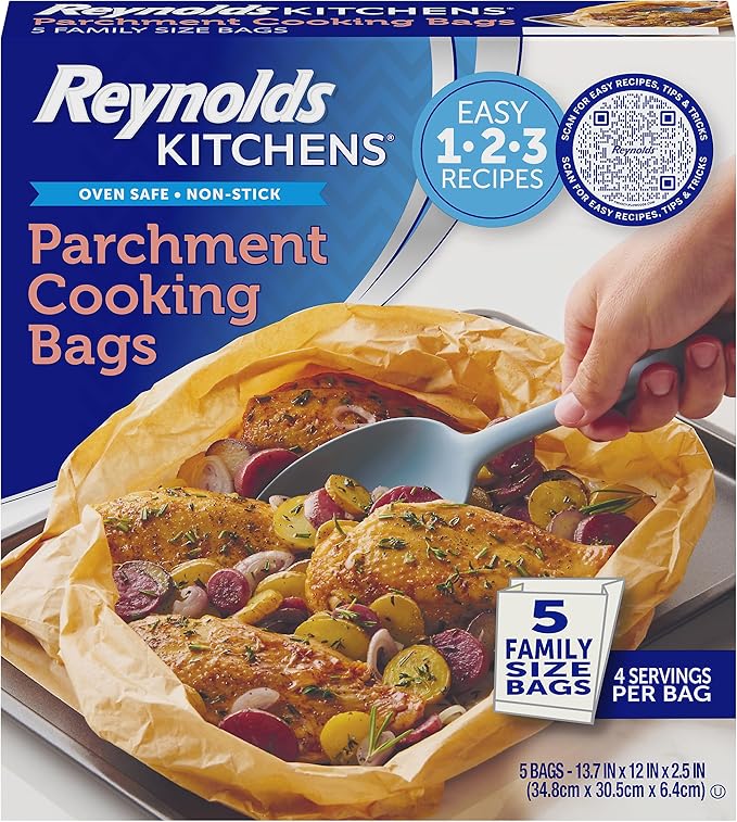 Reynolds Kitchens Parchment Cooking Bags, Family Size, 5ct | Fits Up to 4 Servings Per Bag, Nonstick, Microwave and Oven Safe To 425F, No-Mess Cleanup, Easily Make Quick Family Meals