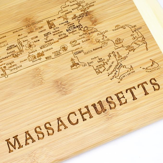 Totally Bamboo A Slice of Life Massachusetts Engraved Map Cutting Board | 11” x 8.75” charcuterie board with engraved state map artwork. Smooth reverse side for food prep. Hang tie for wall display.