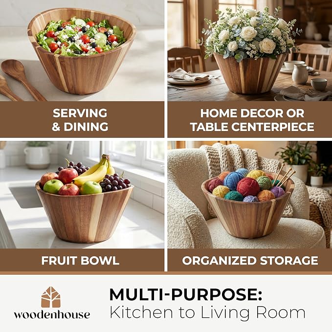 Extra Large Wooden Salad Bowl - Acacia 12" Multi-Purpose Wood Bowls | Multi-Purpose for Fruit, Decor & Storage – Durable Wavy Handmade Design for Kitchen Counter