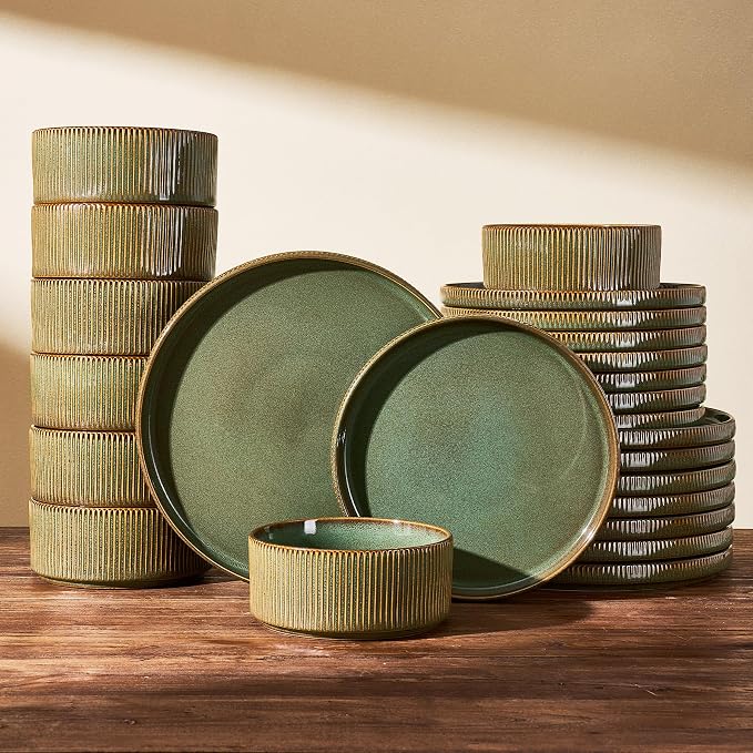 Stoneware Dinnerware Sets, Reactive Glaze Dishes Set for 8 | 24-Piece Handmade Ceramic Plates and Bowls, Microwave & Dishwasher Safe, Chip & Scratch Resistant, Modern Rustic, Moss Green