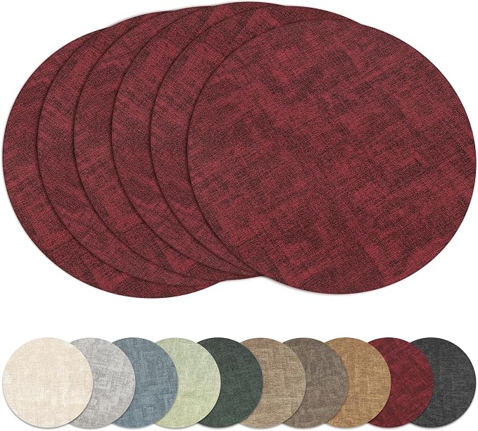 13" Round Placemats Set of 6, Reversible Faux Leather Wipeable Table Mats | 2mm Vinyl Heat Resistant, Waterproof Oilproof Scratch Proof Non-Slip, Washable for Kitchen Dining Indoor Outdoor (Burgundy)