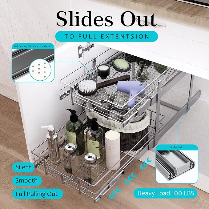 2 Tier Pull Out Cabinet Organizer 21" W X 22" D, Chromed, Full Slide Out | For Kitchen Organizers and Storage, Pull Out Drawers For Cabinets Capacity Heavy Duty Caddy, Cabinet Shelves, Bathroom Pantry