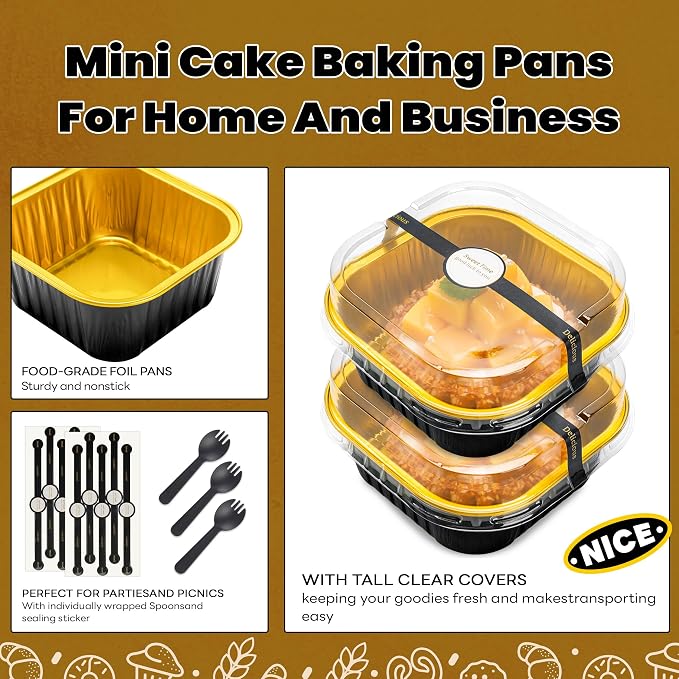 NPLUX Square Pans with Lids, 50 Pack Black Gold for Dessert Displays | Works for small savory bites, mini desserts and refrigerated portions; clear cover supports quick portion checks.