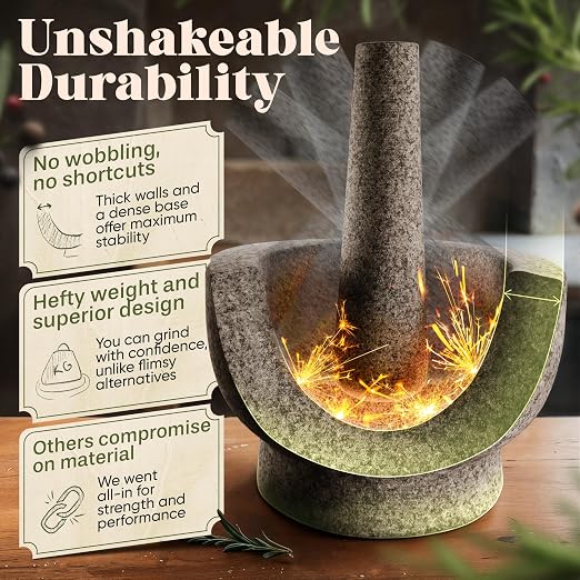 ChefSofi Mortar and Pestle Set - Black Polished Exterior - 3.5 Cup Capacity