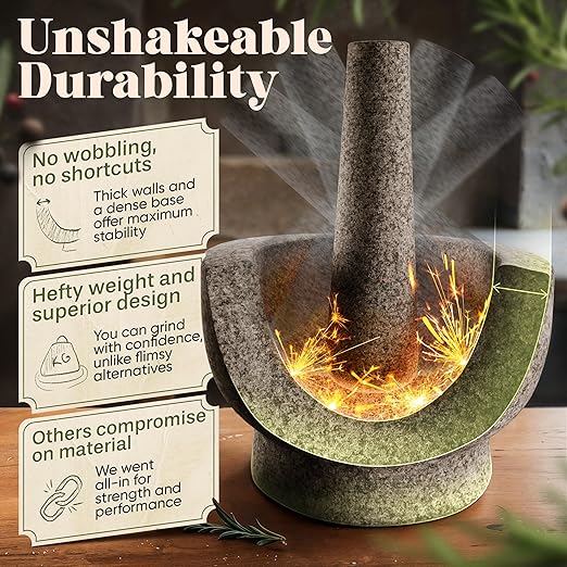 ChefSofi Mortar and Pestle Set - 6 Inch - 2 Cup Capacity - Unpolished Heavy Granite for Enhanced Performance and Organic Appearance - Included: Anti-Scratch Protector