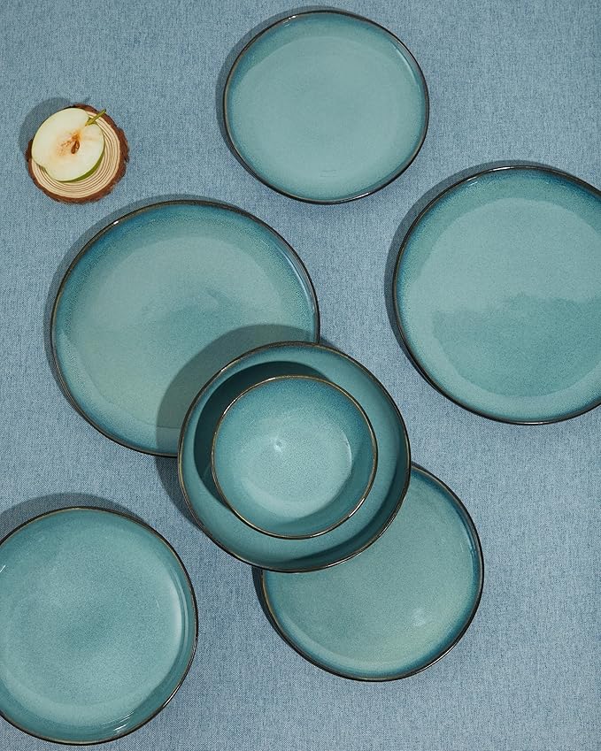 24 Piece Stoneware Dinnerware Set for 8, Reactive Glaze Plates and Bowls Sets | Designed for Holiday Dinners, Thanksgiving, Party Hosting | Durable Irregular Coastal Design, Green Black