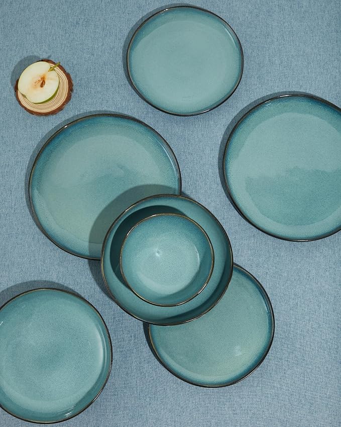Stoneware Dinnerware Sets, Kitchen Plates and Bowls Set, Ceramic Dish Set for 4, Modern Chip & Scratch Resistant Dishware Sets, Durable Reactive Glaze Dinner Set, Green Black