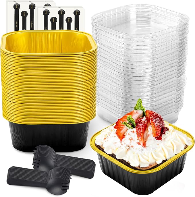 NPLUX Square Pans with Lids, 50 Pack Black Gold for Dessert Displays | Works for small savory bites, mini desserts and refrigerated portions; clear cover supports quick portion checks.