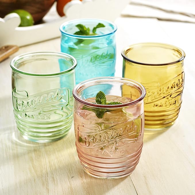Glaver's Set Of 4 Original Mason Collins Glasses Assorted Colored Drinking Glasses For Juice Smoothies Cocktails Fine Beverage Glass Cups HAND WASH(Original Mason Whiskey Colored 13 OZ.)