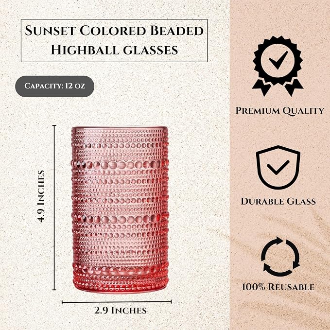 Khen Hobnail Beaded Highball Drinking Tumbler Glasses | Set of 5 | Color Vintage Bubble Design Whiskey Glassware, Old-Fashioned Embossed Design, Water, Wine, Cocktail, Heavy Glass Rocks Glass
