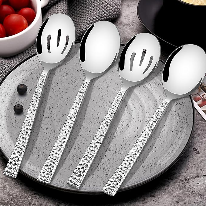 E-far Hammered Serving Spoons, 4-Piece Stainless Steel Serving Utensils Set Includes Slotted & Solid Spoons, Metal Hostess Tablespoons for Catering Buffet Party Kitchen Restaurant