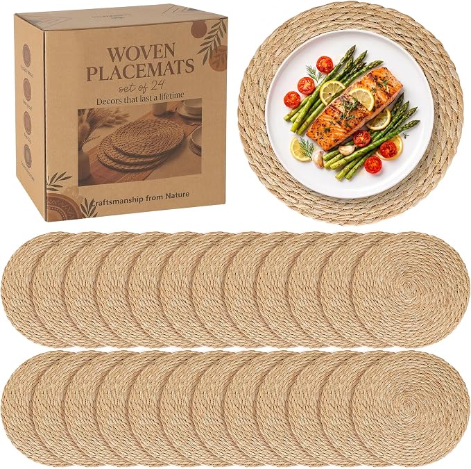 24 Pack 13.8IN Round Woven Placemats, Natural Bulrush Boho Farmhouse Mats | Heavy-duty hand-woven wicker mats for dining table, kitchen, patio BBQ, garden party. Flat-packed storage box. Rustic decor.