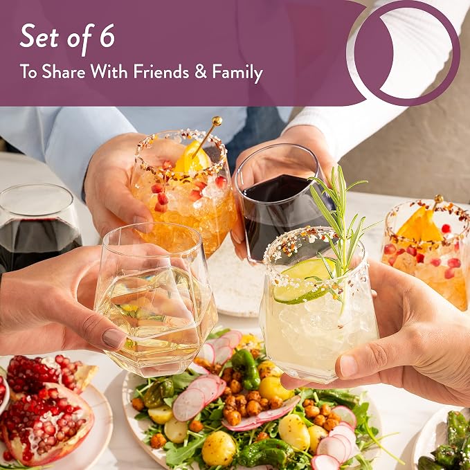Hexagon Stemless Wine Glasses Set of 6 – Elegant 10.5 oz, Durable, Dishwasher Safe, Spill-Proof Design, Perfect for Wine, Cocktails, Whiskey, Everyday Use, Dinner Parties, and Entertaining, Giftable