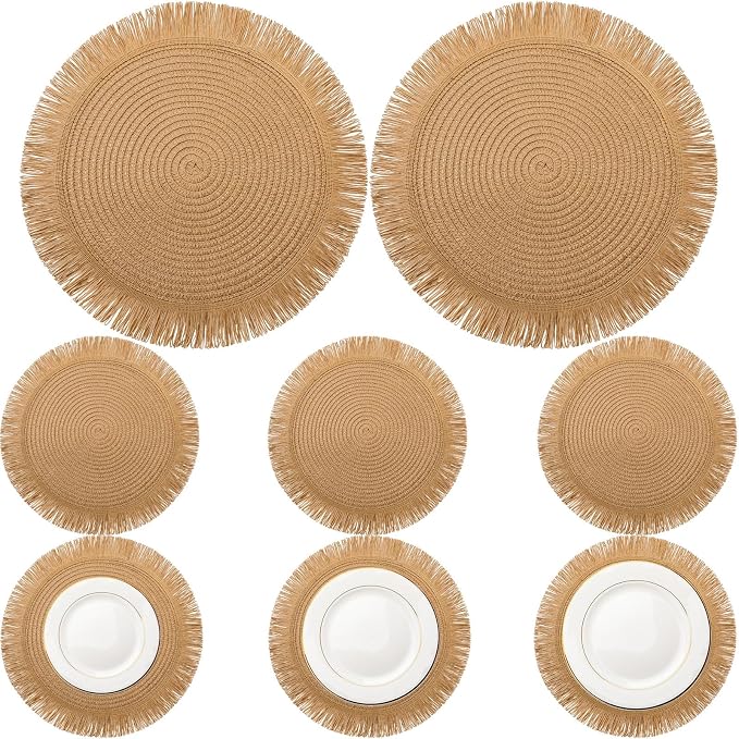 6 Pack15 Inch Round Woven Placemats Brown Boho Washable Braided Straw Placemats with Fringe Bohemian Rustic Table Mats for Dining Table Nonslip Plate Farmhouse Kitchen Decor
