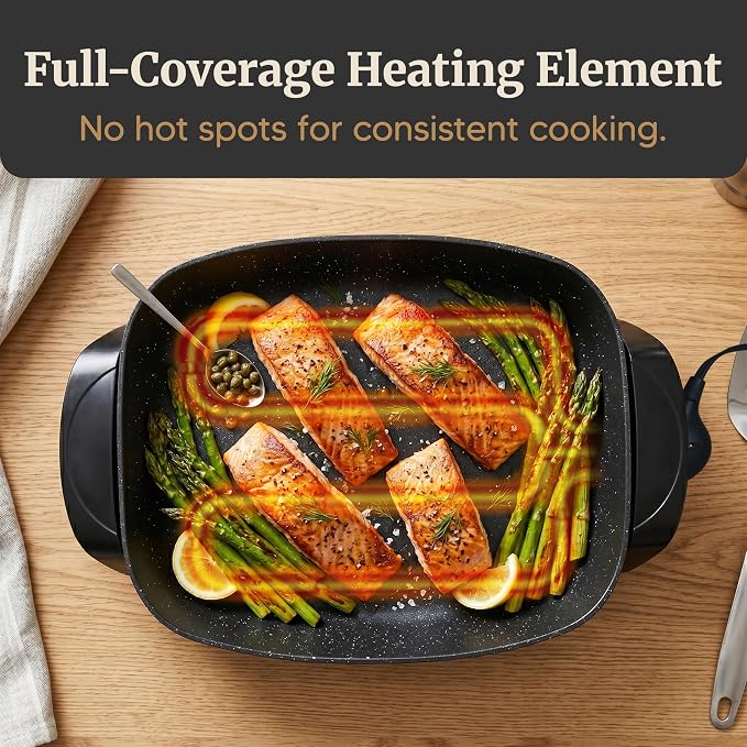 Elite Gourmet EG-6203# Non-Stick Electric Skillet, 10.5Qt, Black | Pour Spout, Glass Vented Lid, Long-Lasting, 200-400°F Adjustable Temp, Dishwasher Safe, Serves 6-8 - Extra-Deep 16"x13"