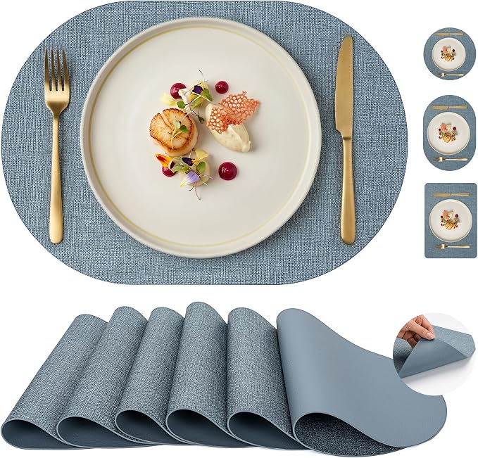 Faux Leather Placemats Set of 6, Wipeable Waterproof Stain Resistant Table Mats, Heat Resistant Thick Placemats with Hand-Painted Edges for Kitchen Dining, Imitative Linen Texture, Various Shapes