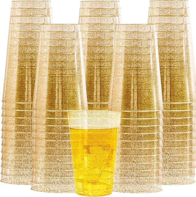 I00000 100 Pack 18 oz Gold Plastic Cups, Gold Glitter Cups Disposable Plastic Wine Glasses Cocktail Glasses Premium Cup, 18 Ounce Glitter Disposable Tumblers for Party & Wedding