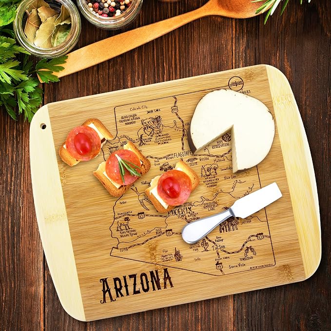 Totally Bamboo A Slice of Life Arizona Engraved Map Cutting Board | 11” x 8.75” charcuterie board with engraved state map artwork. Smooth reverse side for food prep. Hang tie for wall display.