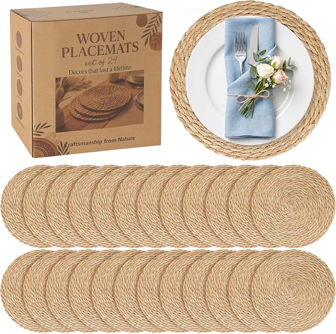 24 Pack 12IN Round Woven Placemats, Natural Bulrush Boho Farmhouse Mats | Heavy-duty hand-woven wicker mats for dining table, kitchen, patio BBQ, garden party. Flat-packed storage box. Rustic decor.