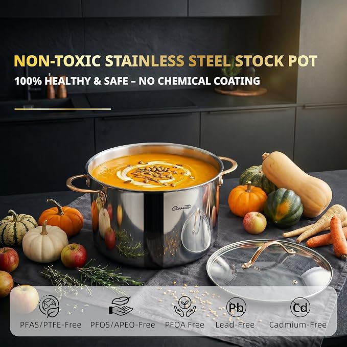 Ciwete Stock Pot 12 Quart, 18/10 Tri-Ply Stainless Steel Whole Clad Stock Pot with Lid, Seamless 12 QT Cooking Pot with Copper Handle, Healthy Stockpots, Induction, Gas, Oven and Dishwasher Safe