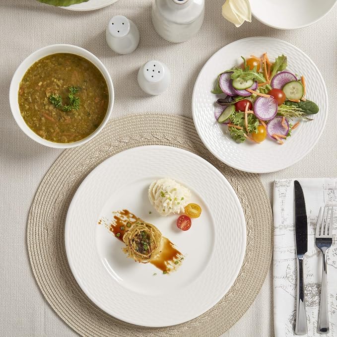 Tabletops Gallery Embossed Bone White Porcelain Round Dinnerware Collection- Chip Resistant Scratch Resistant, Dubai 12 Piece Dinnerware Set (Dinner Plate, Salad Plate, Cereal Bowl)
