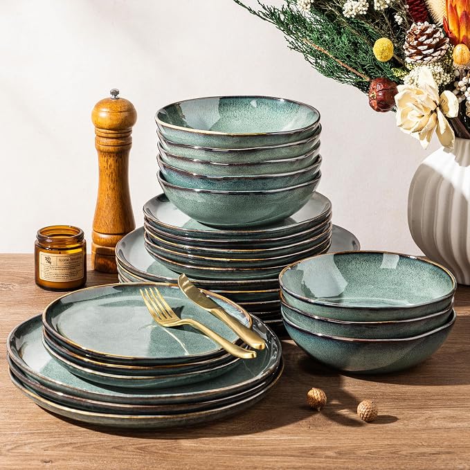 GBHOME Stoneware Dinnerware Sets for 8,24 Piece Rustic Plates and Bowls Set | Earthenware Handmade Reactive Glaze Plate Sets, Chip Resistant Ceramic Dishes, Microwave & Dishwasher Safe, Coastal Teal